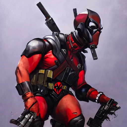 Image similar to greg manchess portrait painting of armored deadpool as overwatch character, medium shot, asymmetrical, profile picture, organic painting, sunny day, matte painting, bold shapes, hard edges, street art, trending on artstation, by huang guangjian and gil elvgren and sachin teng