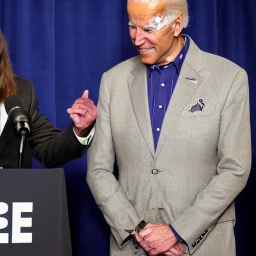 Image similar to Joe Biden and Ozzy Osbourne show off their newborn baby at a press conference, high quality, close up