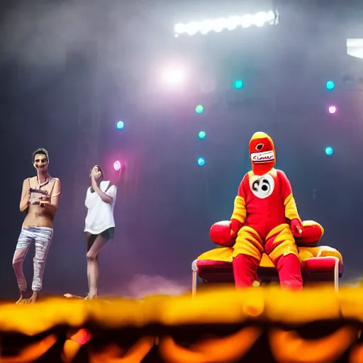 Image similar to Professional photograph of Flume wearing a hotdog costume on stage at EDC