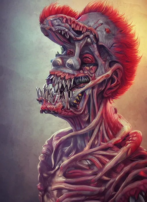 Prompt: evil horror clown, monster anatomy, ross tran, vivid colors, anatomical, highly detailed sculpture, intricate detailed, ommatidia, 8 k, cinematic atmosphere, post - processing