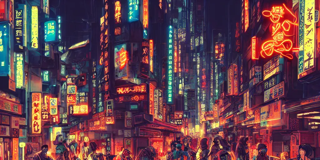 Image similar to Intricate cyborgs on a cyberpunk Tokyo street with neon signs in Japanese. 80-s sci-fi, 8K, Highly Detailed, ArtStation. C 11.0