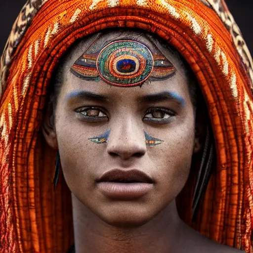 Image similar to portrait of a stunningly beautiful tribal female, depth of field, zeiss lens, detailed, symmetrical, centered, fashion photoshoot, by Annie Leibovitz and Steve McCurry, David Lazar, Jimmy Nelsson, Breathtaking, 8k resolution, extremely detailed, beautiful, establishing shot, artistic, hyperrealistic, beautiful face, octane render