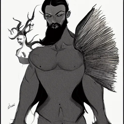 Image similar to very high angle view, very attractive man with beard, highly detailed full body, strong masculine features, slim, command presence, royalty, smooth, sharp focus, organic, appealing, book cover, deep shadows, by Dave McKean sketch lineart for character design