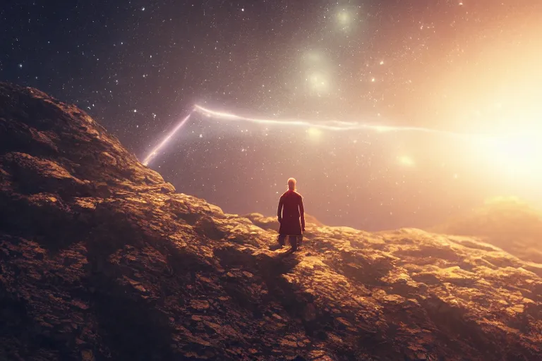 Prompt: tiny homunculus standing alone in cosmic dream landscape, cinematic, octane render, hyper detailed, lens flare, 4 k