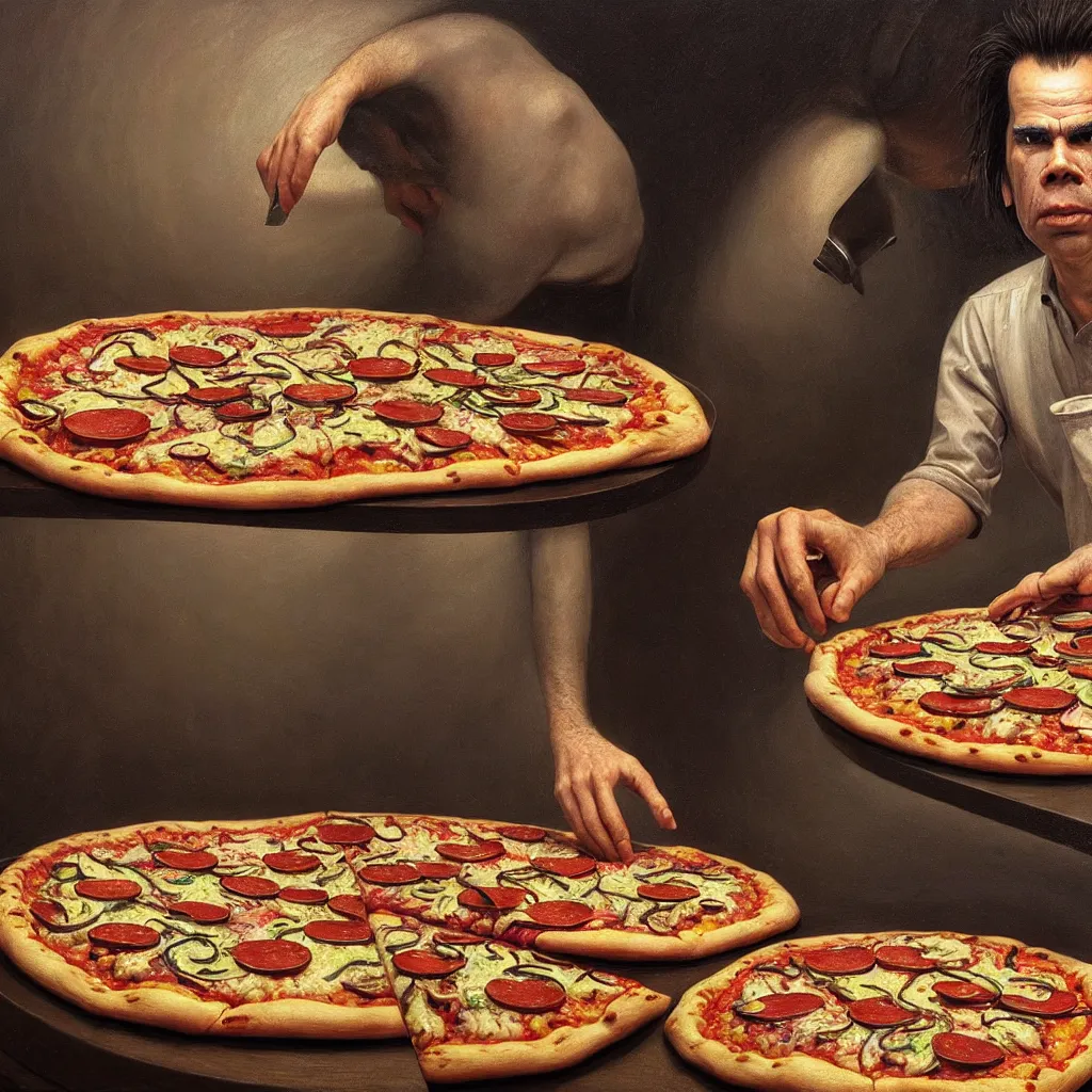 Image similar to hyper detailed 3d render like a Oil painting - nick cave baking pizza by Jacek Yerka, Mariusz Lewandowski, Houdini algorithmic generative render, Abstract brush strokes, Masterpiece, Edward Hopper and James Gilleard, Zdzislaw Beksinski, Mark Ryden, Wolfgang Lettl, hints of Yayoi Kasuma, octane render, 8k