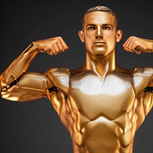 Image similar to a realistic detailed photo of a guy who is an attractive humanoid who is half robot and half humanoid, who is a male android, attractive and handsome soccer players, shiny skin, posing like a statue, blank stare, in a factory, on display, showing off his muscles, gold soccer shorts, side view, looking at each other mindlessly