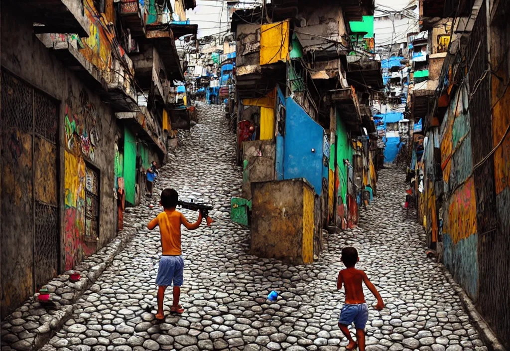 Image similar to photorealistic favela rocinha rio de janeiro with precise rendered alleys with intricate details of gun happy people in alley close view of kid playing with colorful ball and flying kit by Justin Gerard