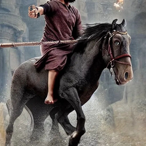 Image similar to harry potter in bahubali ~ on a horse ~