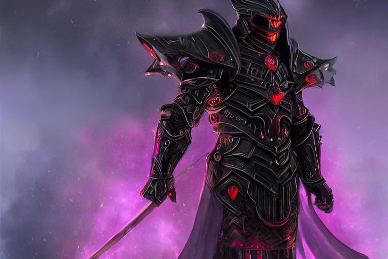 Image similar to masterpiece digital painting of an evil knight, full heavy black obsidian armor, chaotic ruby inlays, cape, by kev walker, atmospheric fog effects background, purple sparkles, artstation, deviantart, large view