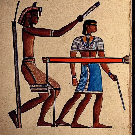 Image similar to Egyptian drawing of a man using a shake weight, ancient, photorealistic