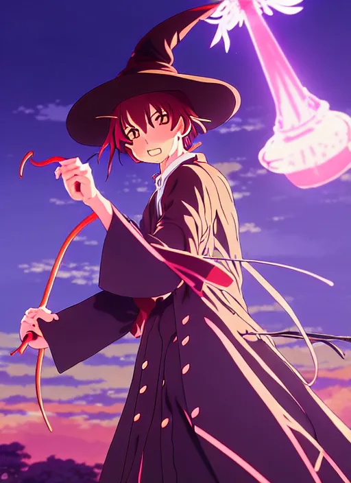 Prompt: key anime visual portrait of an adult witch defending with magic, dynamic pose, cinematic, film grain, designed by yoh yoshinari, detailed, intricate, at night, dramatic lighting