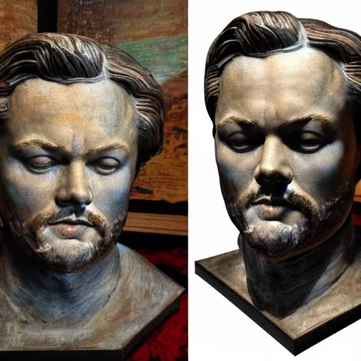 Image similar to portrait en buste of Leonardo di caprio, painting art
