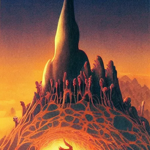 Prompt: space temple to death god, colorful, distant view, night sky, torches light, eerily beautiful, skeletal architecture, maximalist, awe inspiring, foreboding, ominous, miyazaki style, junji ito style, nausicaa, beksinski, studio ghibli, precise lines, bones , 8k, epic composition, cinematic, artstation, golden ratio,