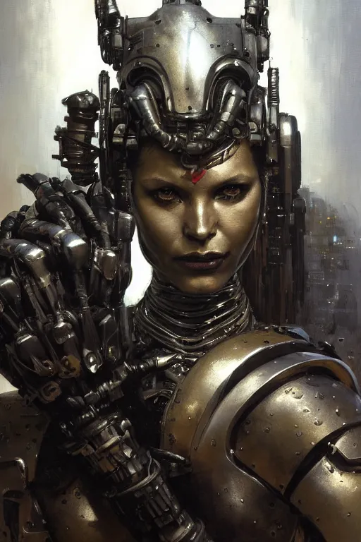 Prompt: extreme close up, facial portrait, half - cyborg woman with a long black ponytail in gunmetal grey sci - fi armor, wearing an african mask, mechanical armor, cybernetic hands, striking pose, portrait dnd, painting by gaston bussiere, craig mullins, greg rutkowski, yoji shinkawa