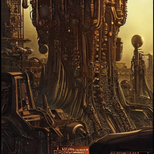 Image similar to a scifi family in an epic steampunk city, by moebius and hr giger, cinematic, 8 k