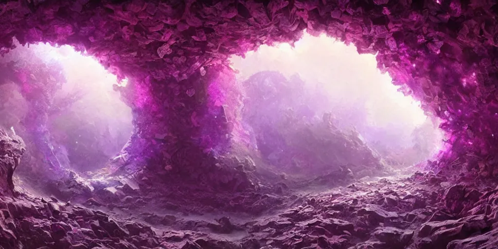 Image similar to beautiful hyper realistic zergling tunnel in cave of purple crystals, beautiful painting by greg rutkowski, atmosphere, ethereal, magic, amazing, positive vibes