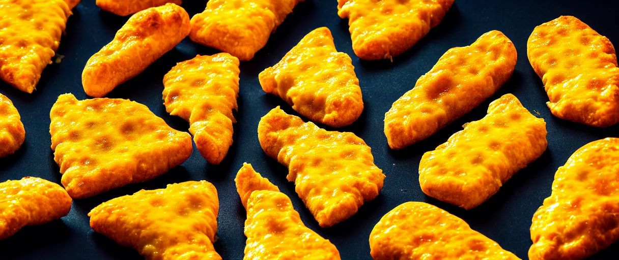 Image similar to pop art gooey pizza slices and chicken nuggets walter battiss dramatic yellow lighting low angle hd 8k sharp shallow depth of field