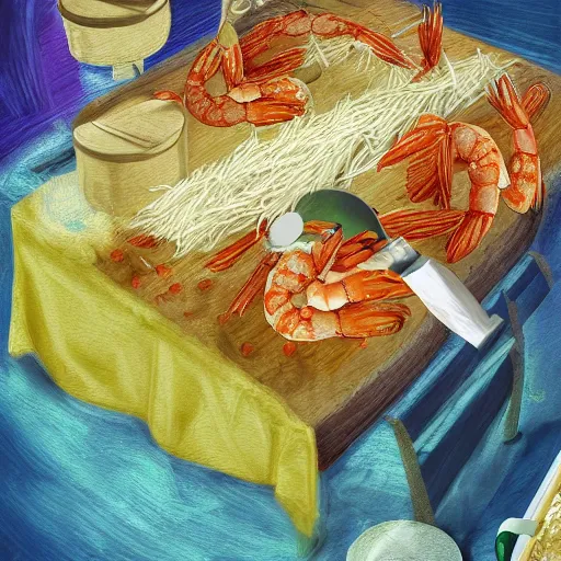 Image similar to A shrimp chef preparing a dish of rice, digital art, detailed