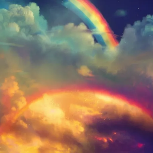 Image similar to sky with a rainbow and another section of the sky has fluffy clouds and the third section is a galaxy, concept art, trending on artstation octane render 8 k uhd, fitz henry lane, rossdraws