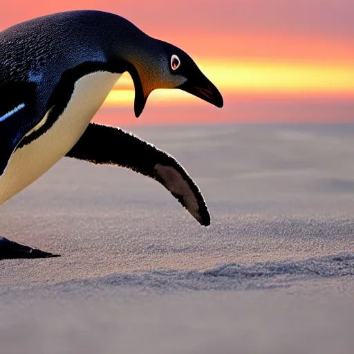 Prompt: photo of a penguin writing with a stick in the sand, sunset natural geographic, award winning