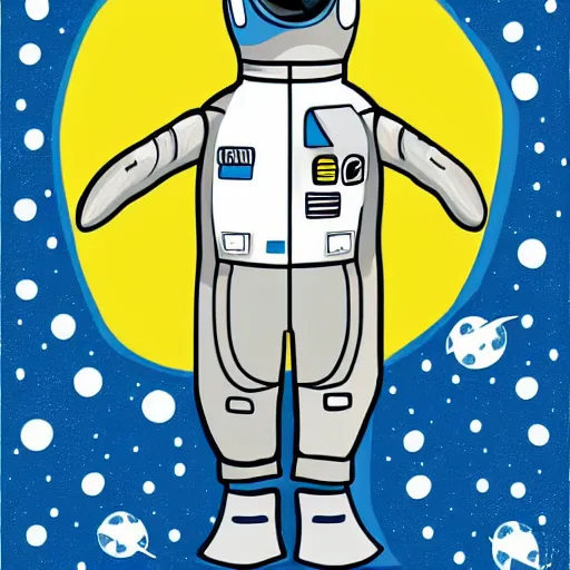 Image similar to cute drawing of a penguin on an astronaut suit, helmet on, floating on space, cartoon style, solid color, symmetric