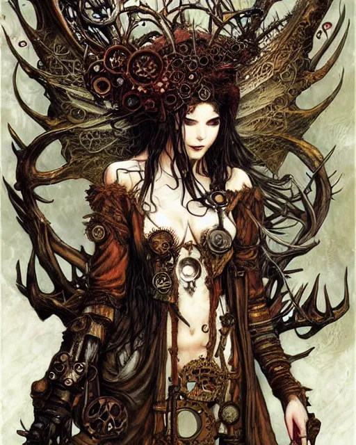 Prompt: steampunk shinigami with fairy wings and elk antlers by karol bak and rebecca guay