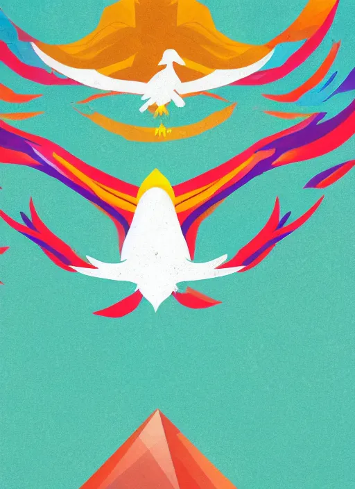 Prompt: white phoenix on colourful realistic salt mountain simple background simplified design geometric graphic design flying phoenix in the deep clouds thick