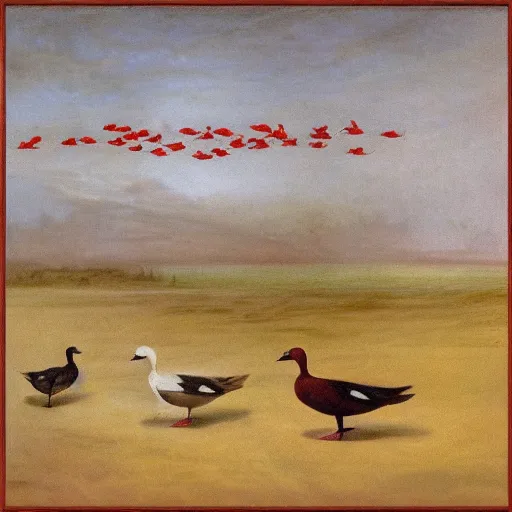 Image similar to A red dog sitting in the middle with red squares floating. Ducks flying in the background. in the art style of William Turner. Dramatic, high resolution.