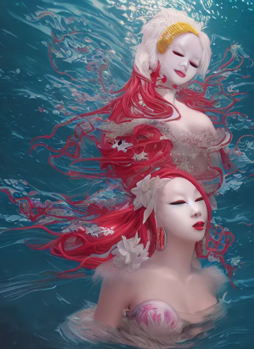 Image similar to albino maiko as a mermaid, fluent composition, red and white neon, concept art, ambient light, 4 k, intricate details, highly professionally detailed, cgsociety, highly detailed -