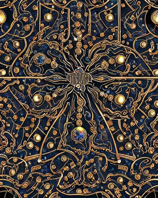 Image similar to a seamless pattern of Tibetan calligraphy on Dark paper, swarovski studded words in metallic and diamond sparkle, Tarot card, Tibetan text script, Tivet manuscript, pearls, diamonds, opal, bvlgari, ultra realistic, sharp focus, symmetric, 8k high definition, insanely detailed, intricate, elegant, Hajime Sorayama, Octane render, unreal engine,