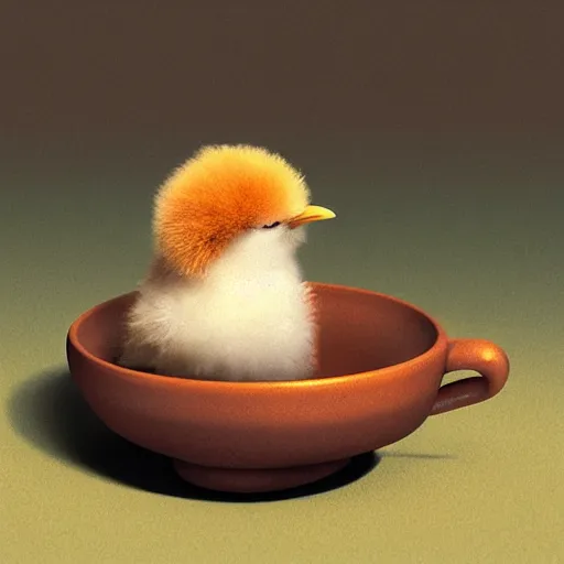 Image similar to long shot of a cute fluffy furry chick nesting in a japanese tea cup, by esao andrews, by m. w. kaluta, humorous illustration, hyperrealistic, tilt shift, warm colors, night scenery, low light, 3 d octane render, 4 k, volumetric lights, smooth, cosy atmosphere, conceptart, hyperdetailed, trending on deviantart