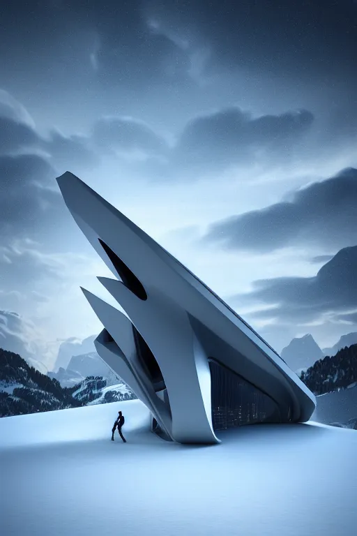 Image similar to a futuristic scene in front of a zaha hadid building in the french alps in the style of chris moore, cinematic matte painting, extreme detail photo quality, dark moody colors, snowfall, featured on behance