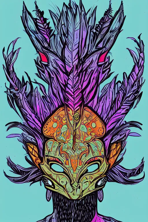 Image similar to animal mask totem roots flower tribal feather gemstone plant wood rock shaman vodoo video game vector cutout illustration vivid multicolor borderlands comics by josan gonzales and dan mumford radiating a glowing aura