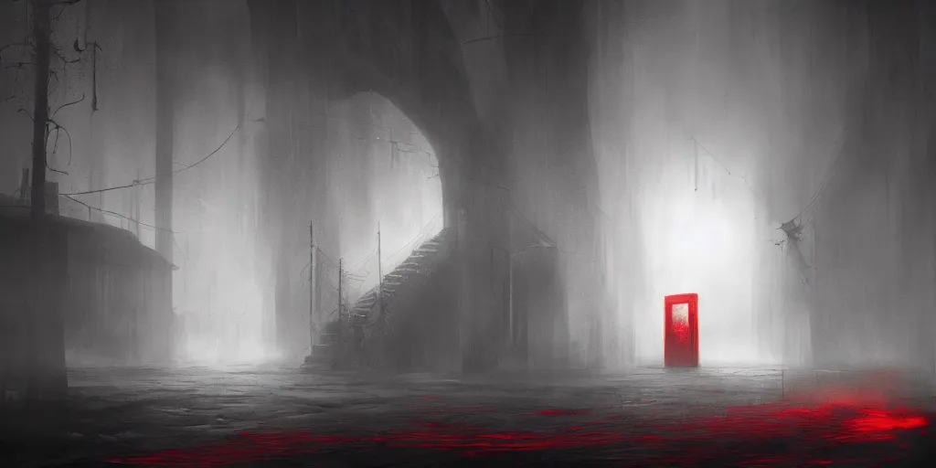 Image similar to fantasy depiction of the realm of shadows shrouded by mist trails leading to a red door, low saturation, high contrast, mostly greyscale, eerie disturbing lighting, in the style of marcin rubinkowski, greg rutkowski, lorenzo lanfranconi, oleg zherebin, trending on artstation