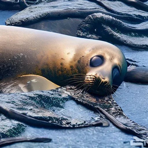 Prompt: A seal sleeping peacefully in a kelp forest, cinematic, hyper realistic, detailed, 8k, octane render.