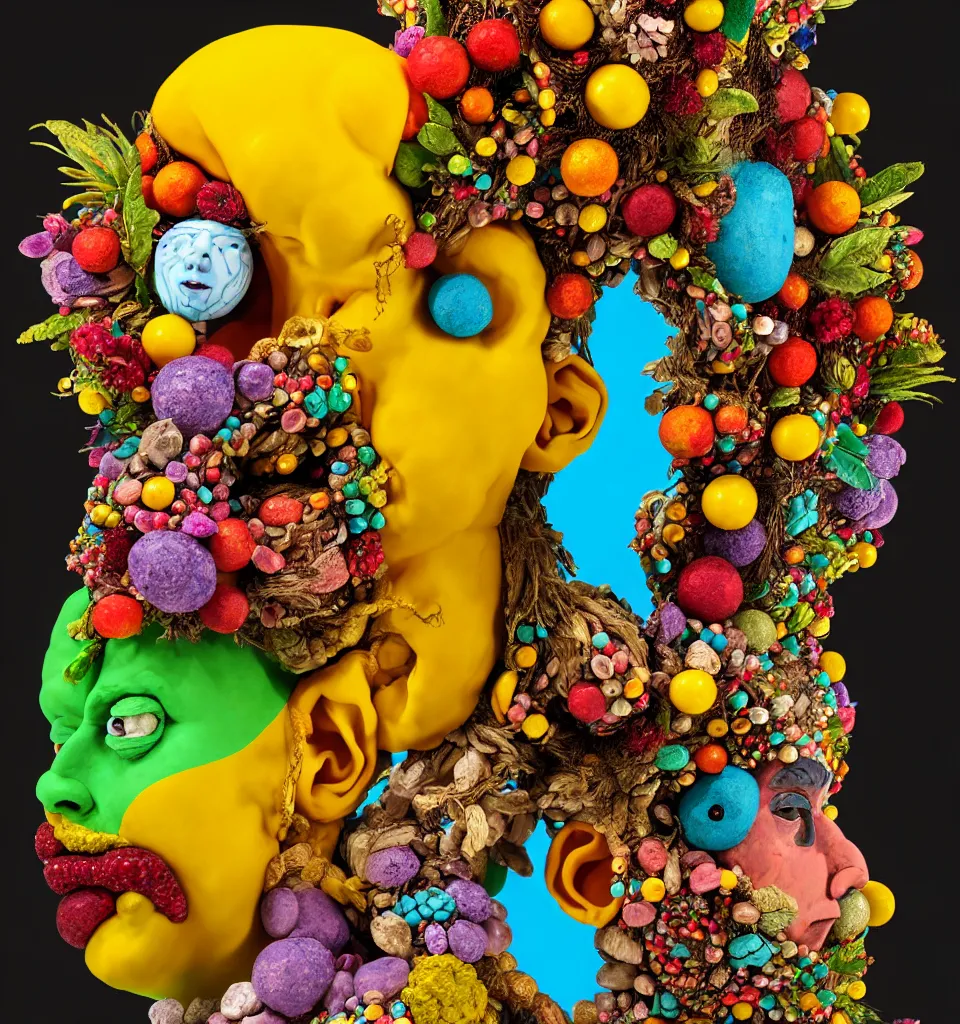 Prompt: headshot of a trickster nature spirit, head made of fruit gems and flowers in the style of arcimboldo, fragonard, photorealistic, dynamic lighting, action figure, clay sculpture, claymation, turquoise and yellow, rainbow stripe background