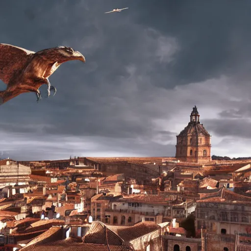 Image similar to the monumental city of caceres with siveth flying over it, dramatic lighting, cinematic, extremly high detail, photorealistic, cinematic lighting, post processed, concept art, artstation, matte painting, style by greg rutkowsky - 1 0 2 4