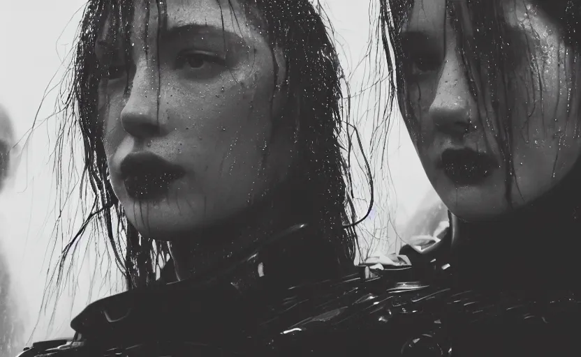 Image similar to cinestill 5 0 d candid photographic portrait by christopher nolan of two loving female androids wearing rugged black mesh techwear in treacherous waters, extreme closeup, modern cyberpunk moody emotional cinematic, pouring rain menacing lights, 8 k, hd, high resolution, 3 5 mm, f / 3 2, ultra realistic faces, ex machina