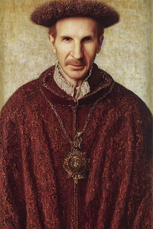 Image similar to portrait of ralph fiennes, oil painting by jan van eyck, northern renaissance art, oil on canvas, wet - on - wet technique, realistic, expressive emotions, intricate textures, illusionistic detail