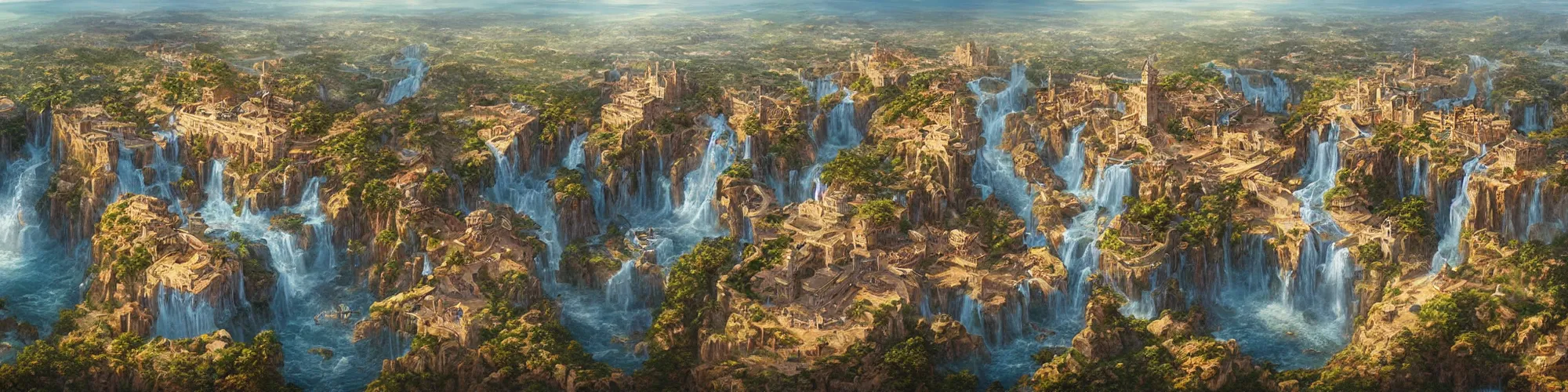 Prompt: Aerial map of a medieval city on top of a giant waterfall, D&D, fantasy, highly detailed, digital painting, sharp focus, illustration, gigapixel, art by artgerm and greg rutkowski and james gurney, cinematic, golden hour
