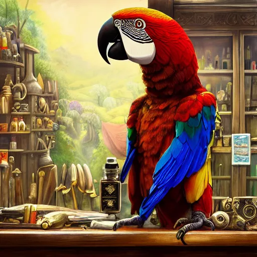 Prompt: Anthropomorphized parrot trader in his shop, selling his wares, portrait, items, gold, magic potions, carpet, window, sly expression , cunning expression, cute expression, long thick shiny black beak, presenting wares, holding a gold bag, D&D, fantasy, cinematic lighting, highly detailed, digital painting, artstation, concept art, smooth, sharp focus, illustration, warm light, cozy warm tint, magic the gathering artwork, volumetric lighting, 8k, art by Akihiko Yoshida, Greg Rutkowski