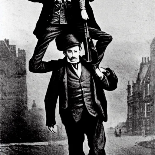 Image similar to Sherlock Holmes carrying Dr Watson on his back in the style of Sidney Paget