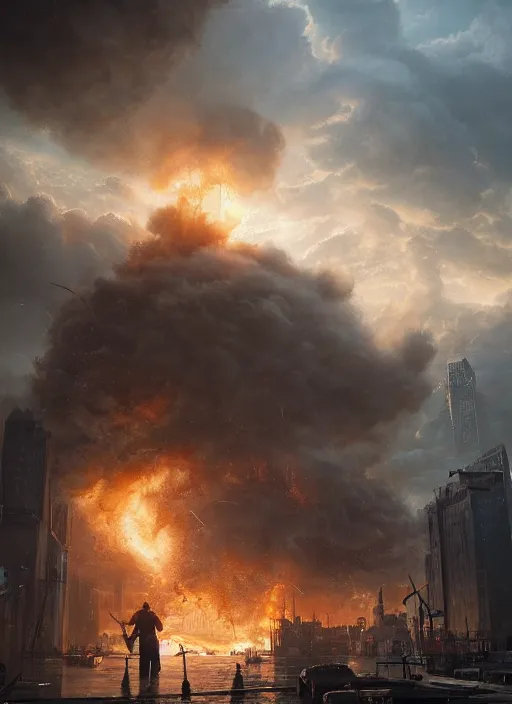 Image similar to hyper realistic giant fluffy caracal attacking city harbor explosions, atmospheric beautiful details, strong composition painted by kim jung giu weta studio rutkowski, james gurney and greg rutkowski, and lucasfilm