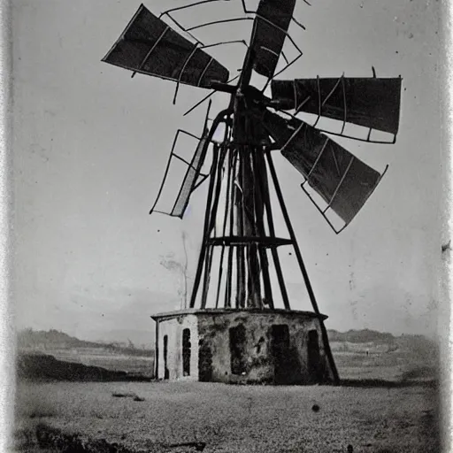 Image similar to 1800s photo of a dilapidated windmill