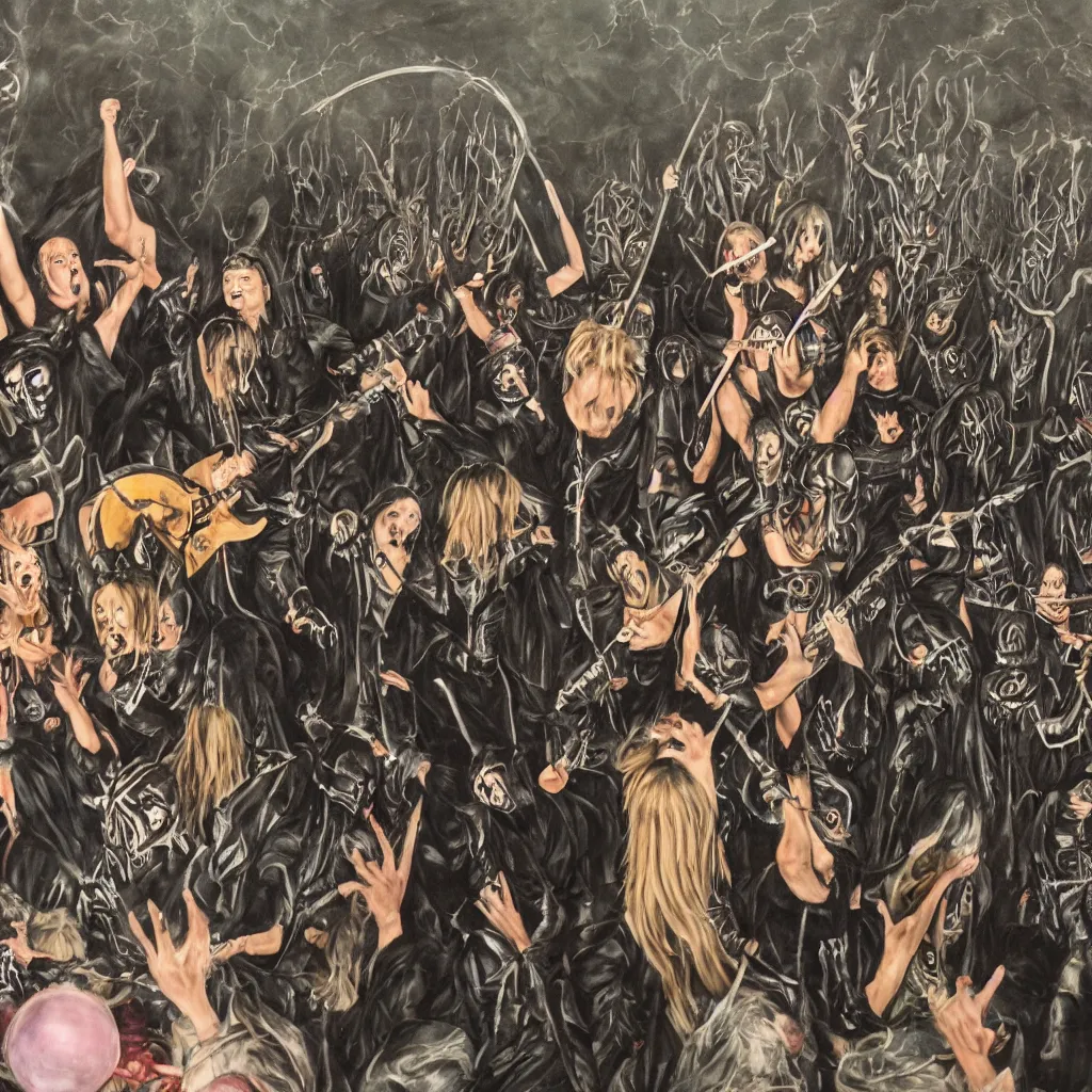 Image similar to a realistic painting of a black metal band performing at a childrens birthday party