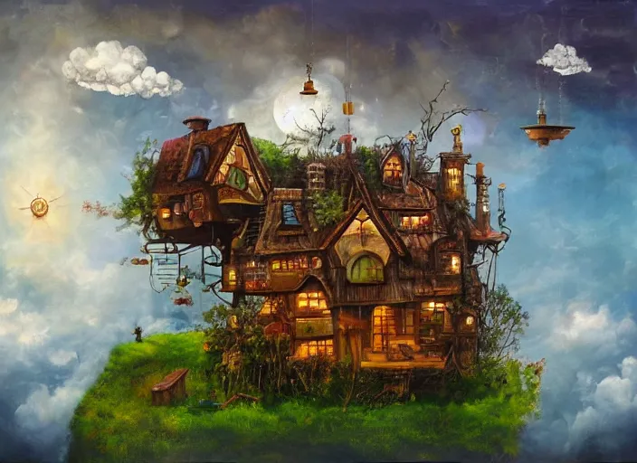 Prompt: cosy happy house floating in the sky with forest, clouds, steampunk, science fiction, magical fantasy, oil on canvas, masterpiece