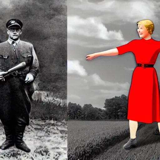 Image similar to back to back picture of a farm boy holding a red gun pointing at adolf hitler who is wearing a woman's dress, realism, 4 k, award winning photograph