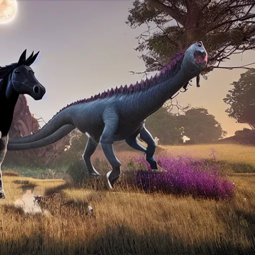 Prompt: The black-haired young witch travels on her horse to the land of dreams among dinosaurs, unreal engine 4