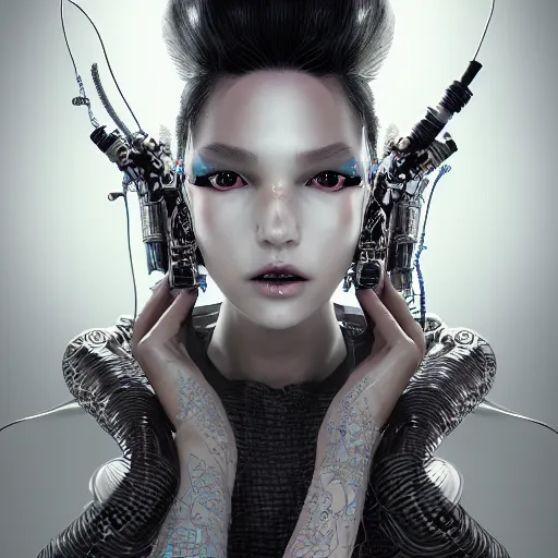 Image similar to the portrait of an absurdly beautiful, graceful, sophisticated, fashionable cyberpunk gravure idol, an ultrafine hyperdetailed illustration by kim jung gi, irakli nadar, matt wisniewski, intricate linework, iridescent wiring, porcelain skin, unreal engine 5 highly rendered, global illumination, radiant light, detailed and intricate environment