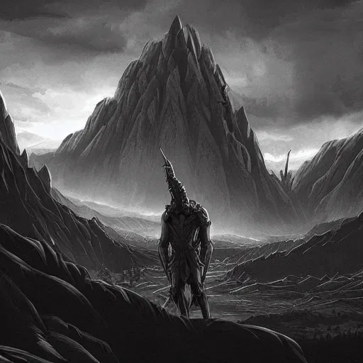 Image similar to place that is like nowhere but has mountains in the background with a doom infernal aesthetic, but also clean, with black tones, similar to a dream, with a lord of demons judging some lost souls with his skeleton pointing finger